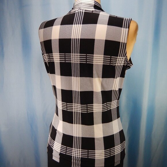 Calvin Klein Black & White Plaid V-Neck Small Sleeveless Career Top EUC - Picture 4 of 12